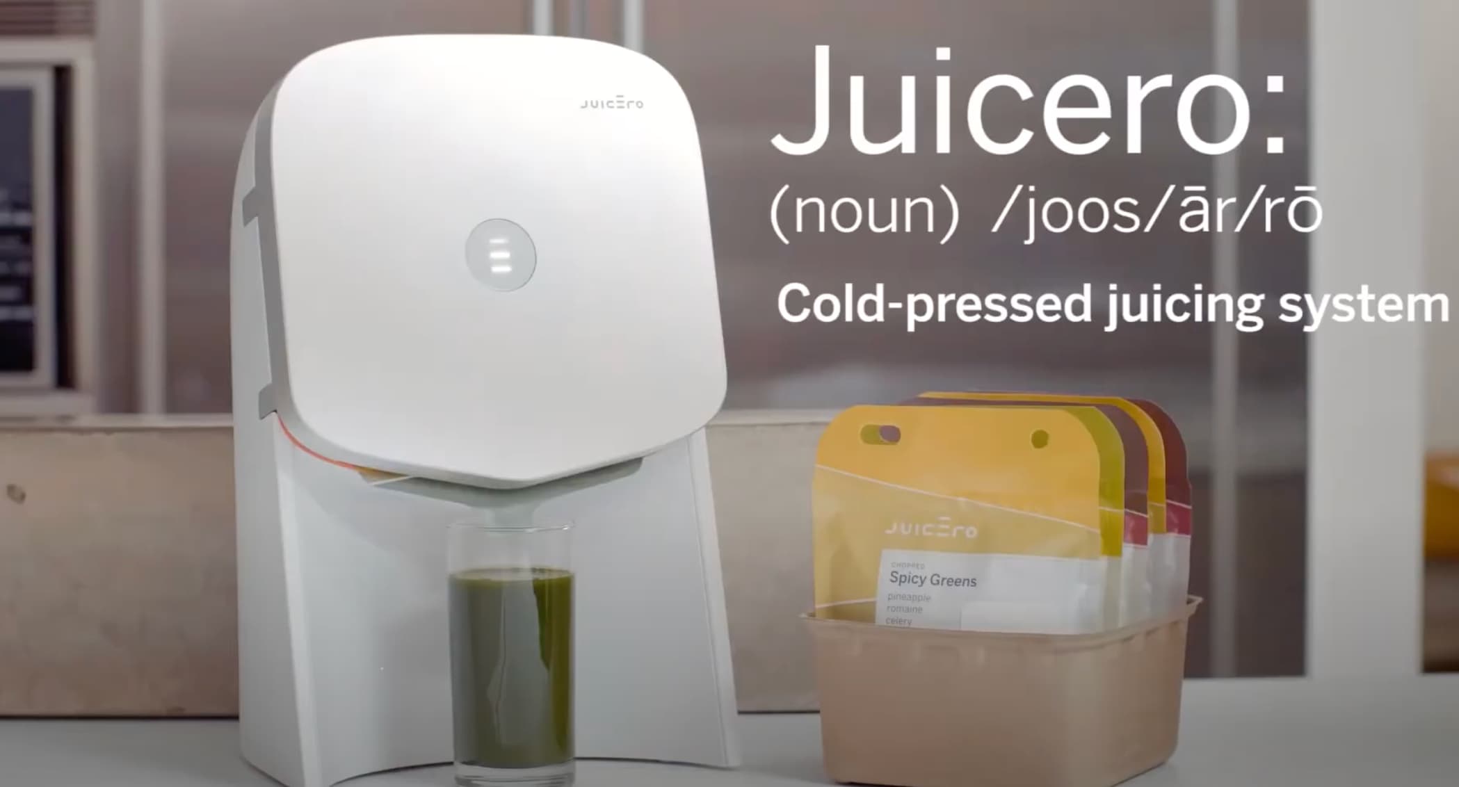 juicero ad - ill JUICEo Juicero noun joosrr Coldpressed juicing system Juicero Chopred Spicy Greens pineapple romaine celery